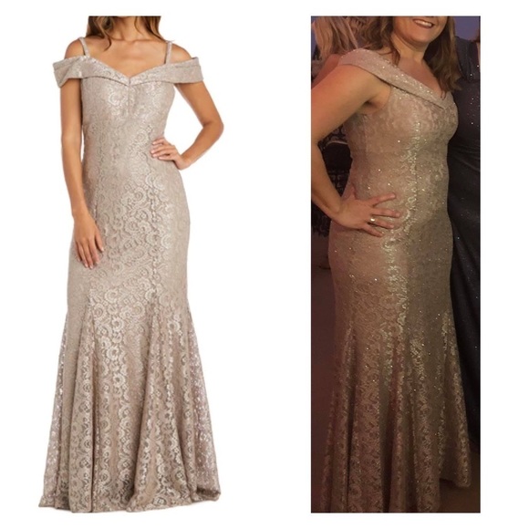 R&M Richards Gold Lace Off-the-Shoulder Dress 10 - Picture 2 of 9